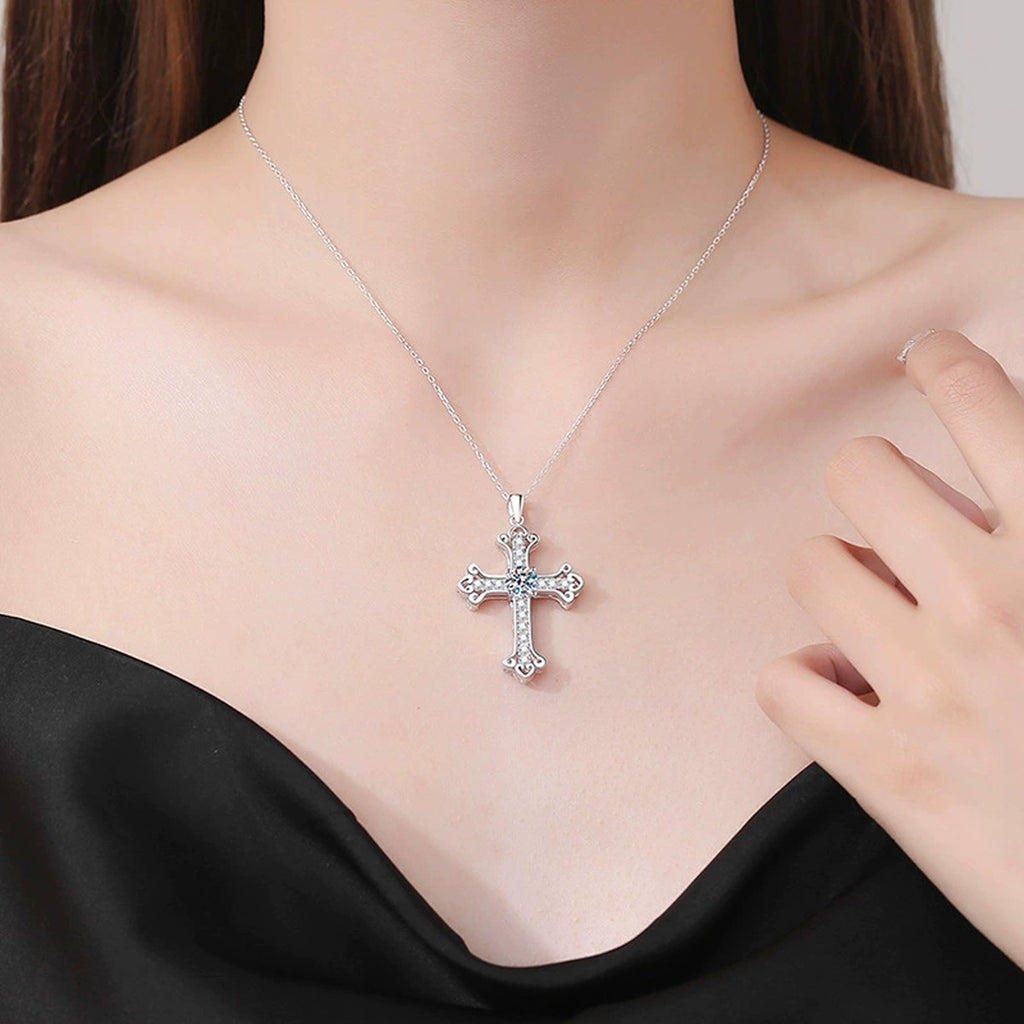 Cross Moissanite Pendant Necklace in Platinum-Plated S925 Sterling Silver worn on neckline by model