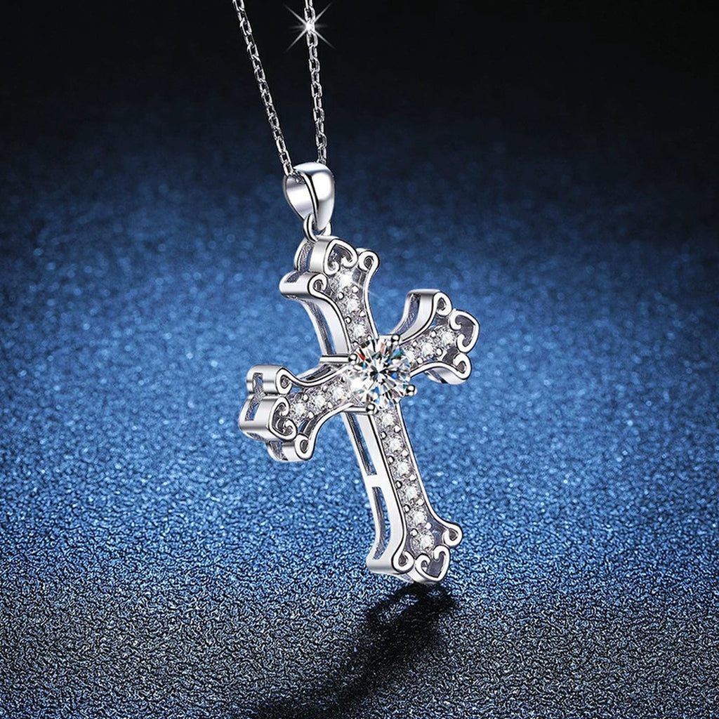Cross Moissanite Pendant Necklace in Platinum-Plated S925 Sterling Silver blue background product view