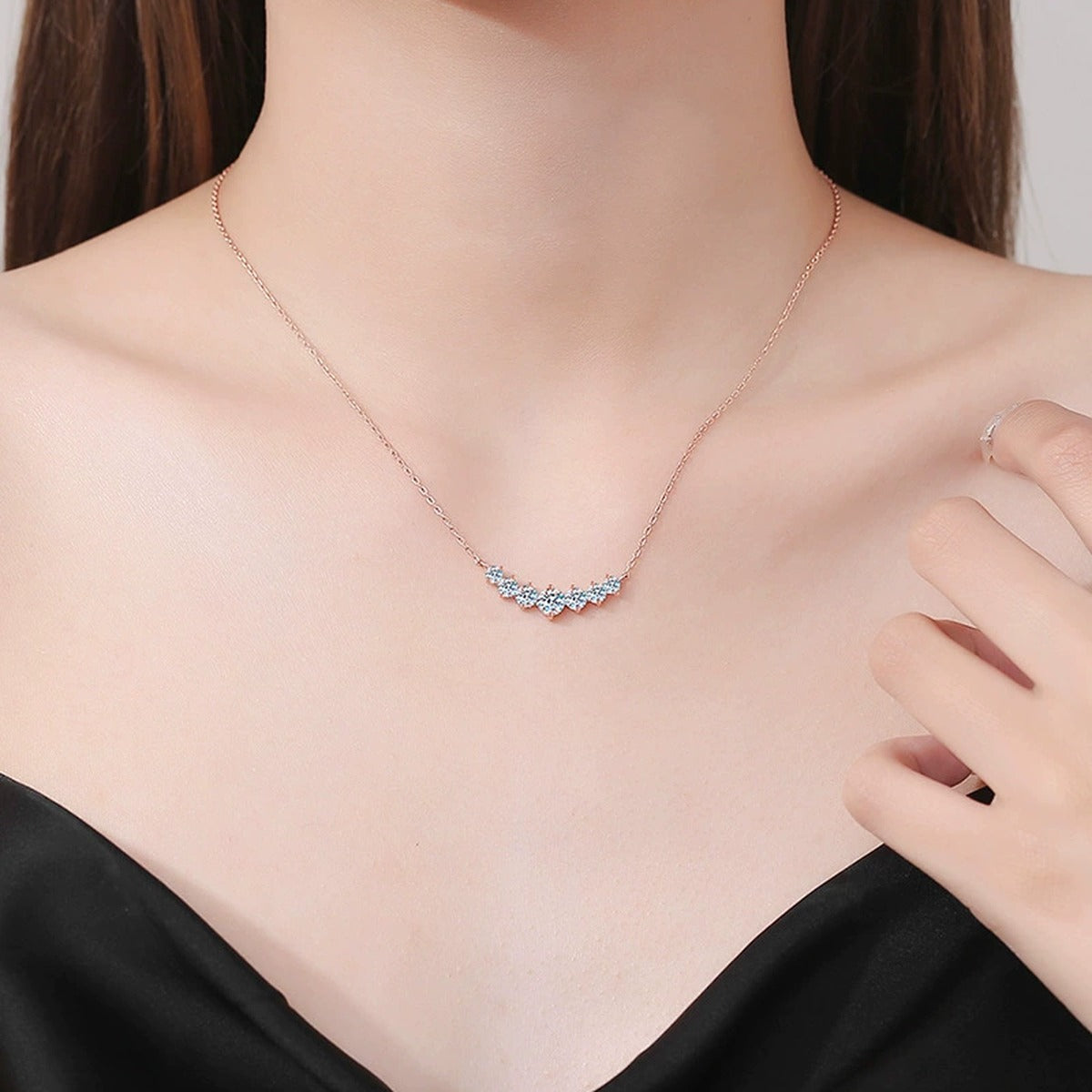 Graduated Moissanite Collar Necklace in Rose Gold-Plated S925 Sterling Silver worn on neckline by model