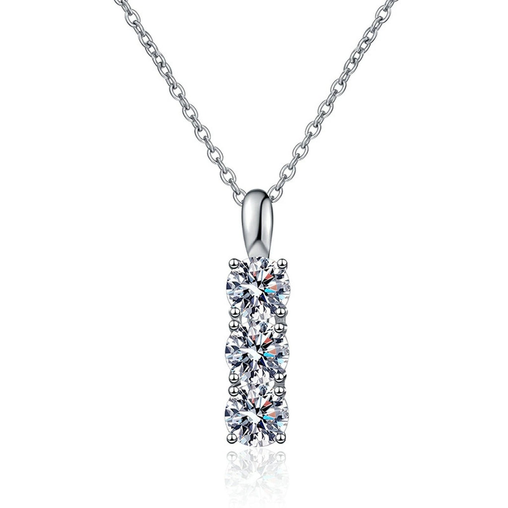 Three-Stone Bar Moissanite Pendant Necklace in Platinum-Plated S925 Sterling Silver on clean white background