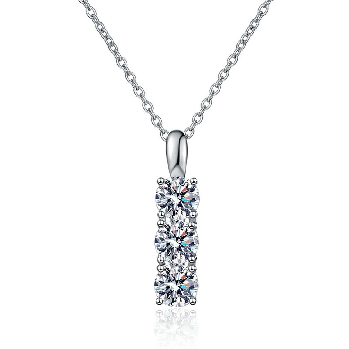 Three-Stone Bar Moissanite Pendant Necklace in Platinum-Plated S925 Sterling Silver on clean white background