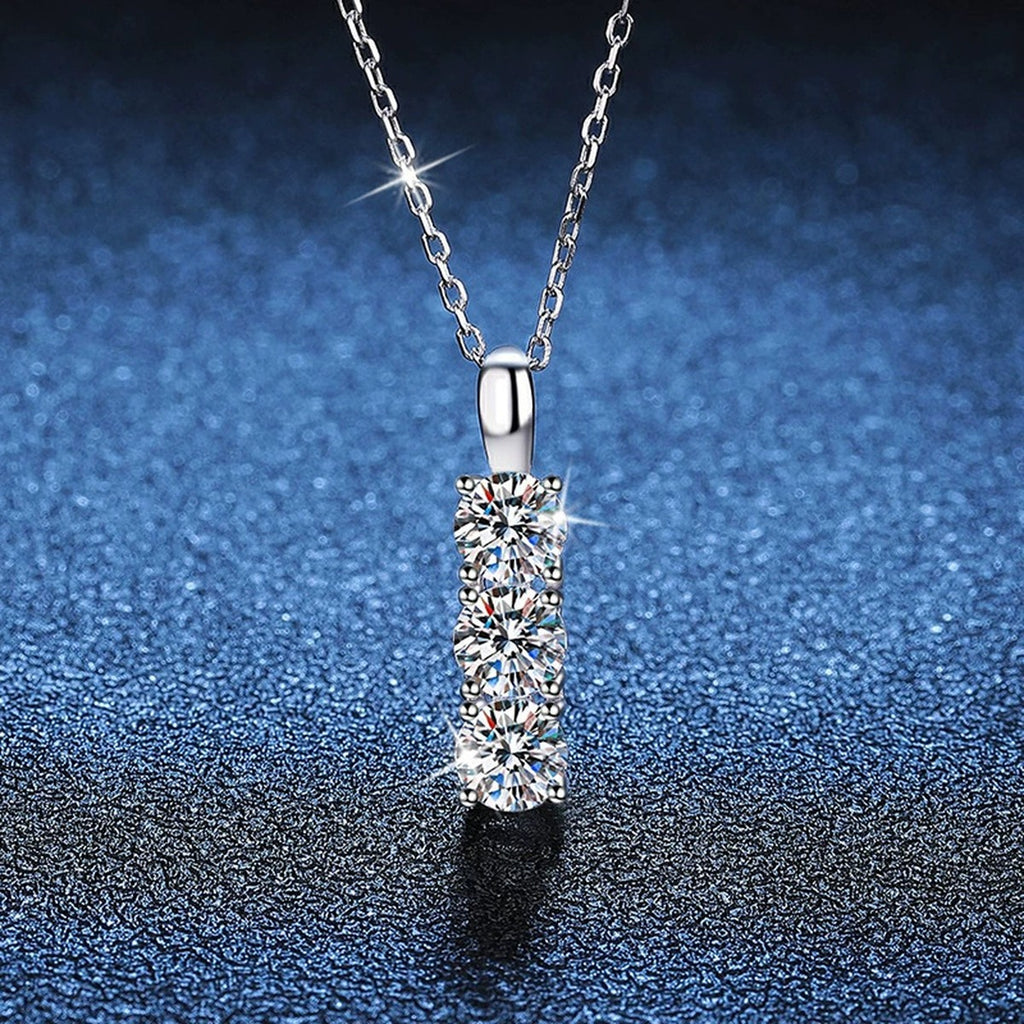 Three-Stone Bar Moissanite Pendant Necklace in Platinum-Plated S925 Sterling Silver blue background product view