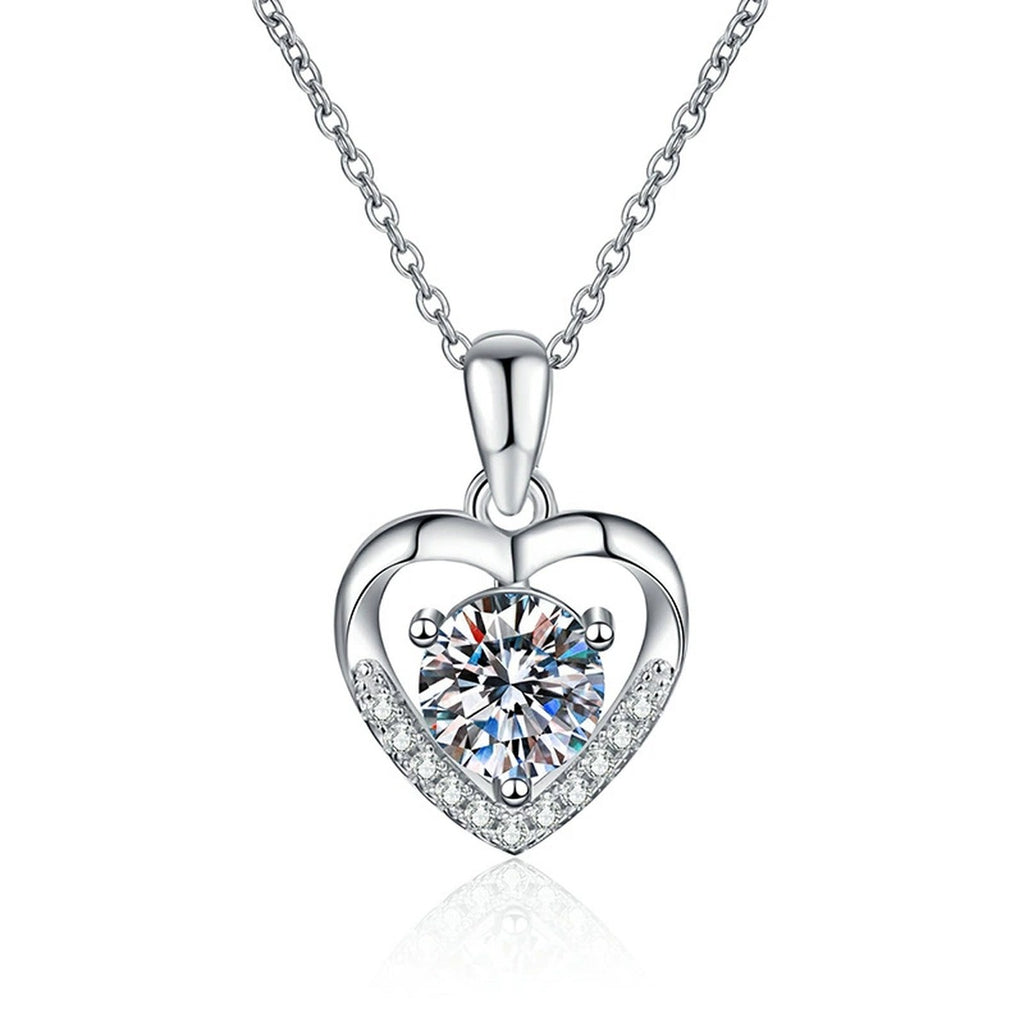 Heart Halo Moissanite Pendant Necklace in Platinum-Plated S925 Sterling Silver on clean white background