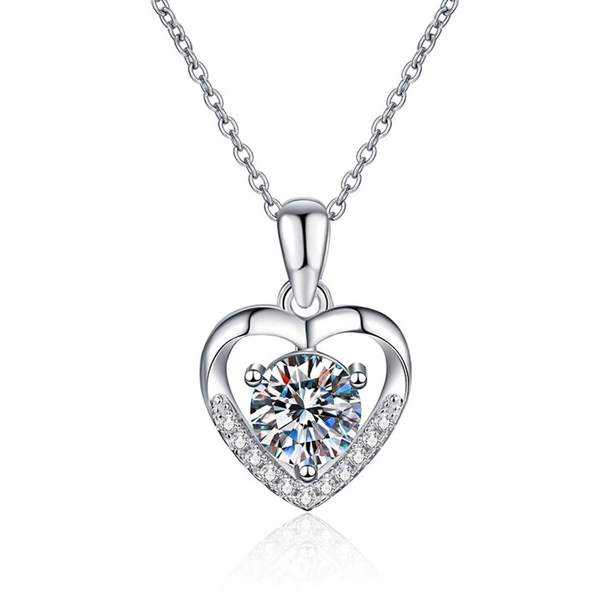 Heart Halo Moissanite Pendant Necklace in Platinum-Plated S925 Sterling Silver on clean white background