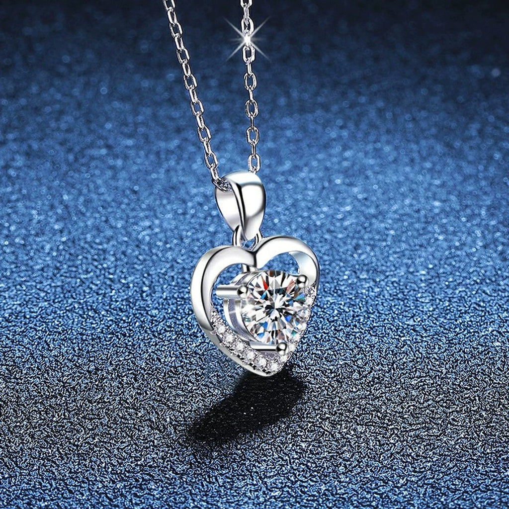 Heart Halo Moissanite Pendant Necklace in Platinum-Plated S925 Sterling Silver blue background product view