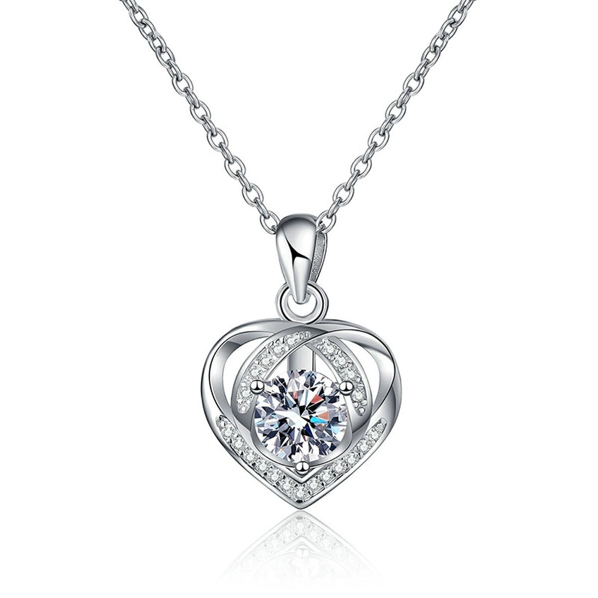 Open Heart Halo Moissanite Pendant Necklace in Platinum-Plated S925 Sterling Silver on clean white background