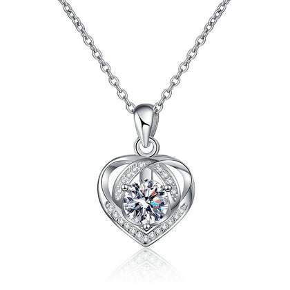 Open Heart Halo Moissanite Pendant Necklace in Platinum-Plated S925 Sterling Silver on clean white background