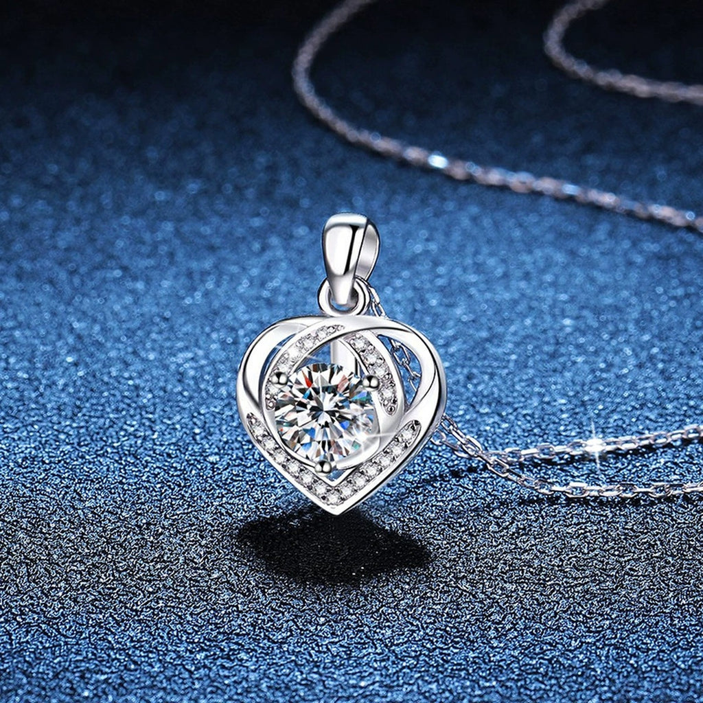 Open Heart Halo Moissanite Pendant Necklace in Platinum-Plated S925 Sterling Silver blue background product view