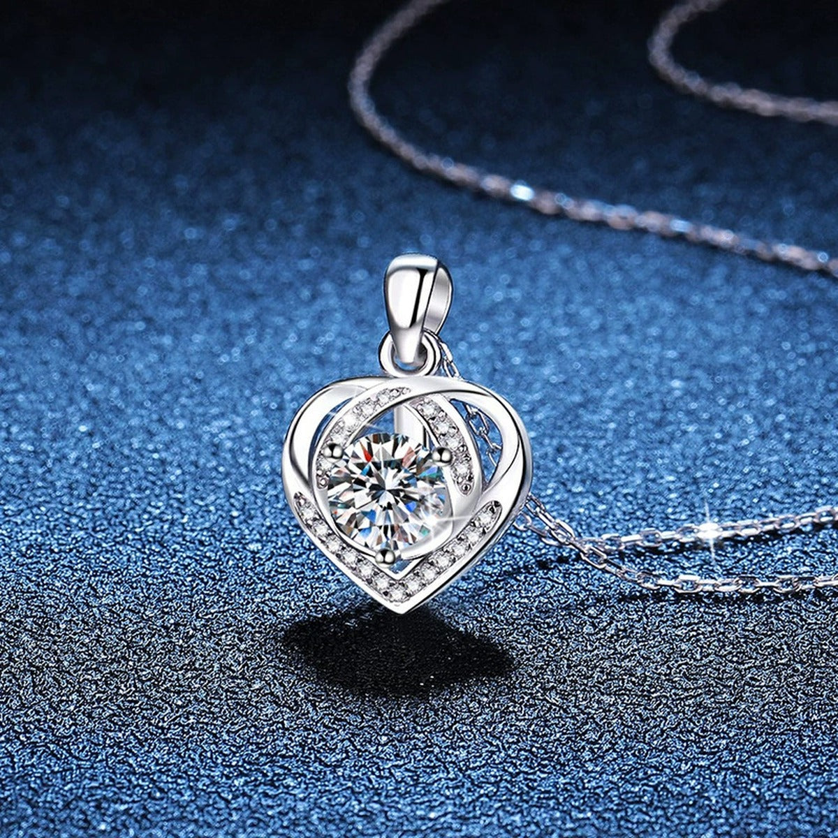 Open Heart Halo Moissanite Pendant Necklace in Platinum-Plated S925 Sterling Silver blue background product view
