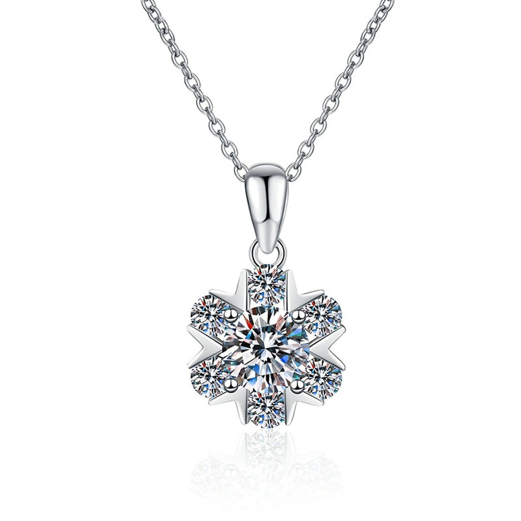 Floral Cluster Moissanite Pendant Necklace in Platinum-Plated S925 Sterling Silver on clean white background