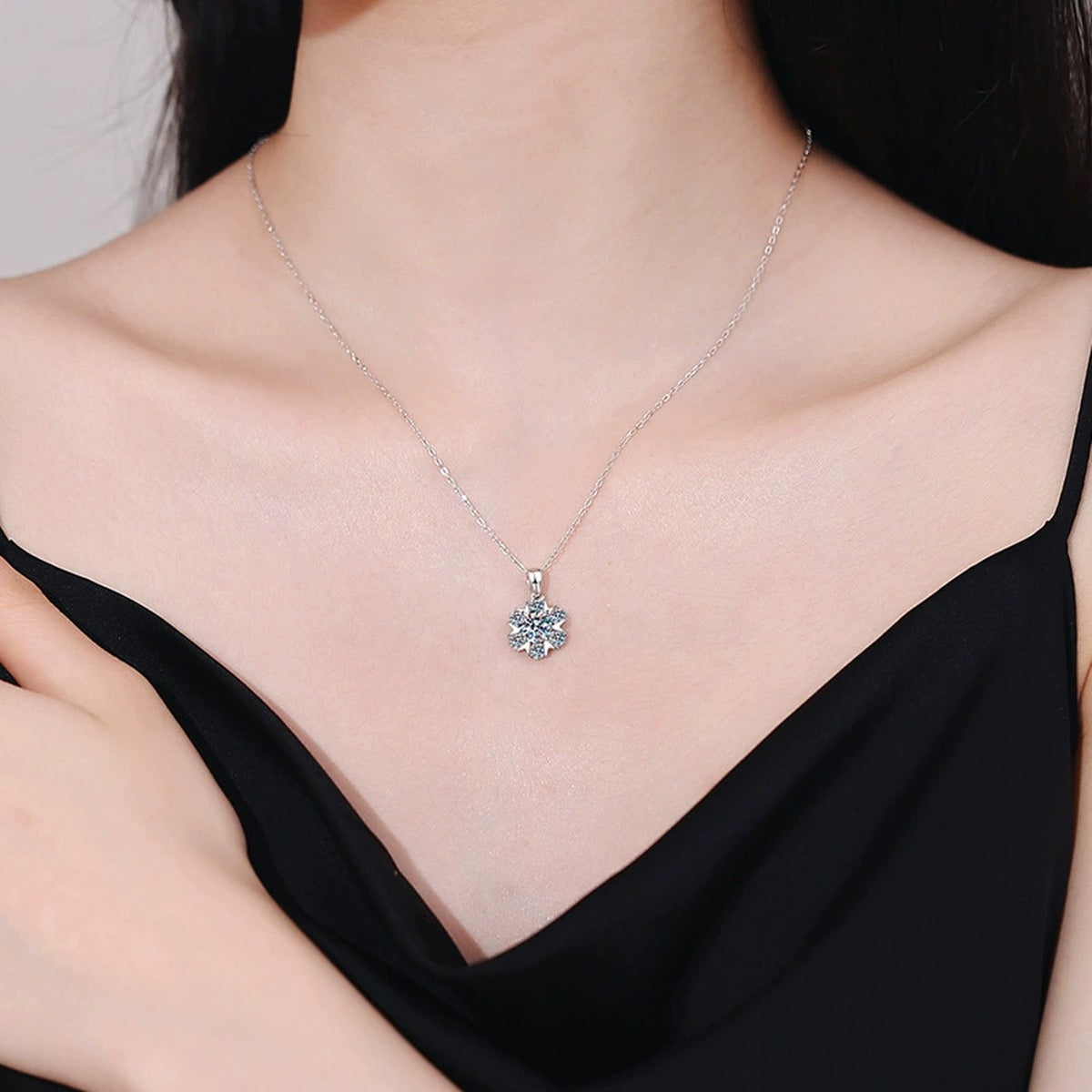Floral Cluster Moissanite Pendant Necklace in Platinum-Plated S925 Sterling Silver worn on neckline by model