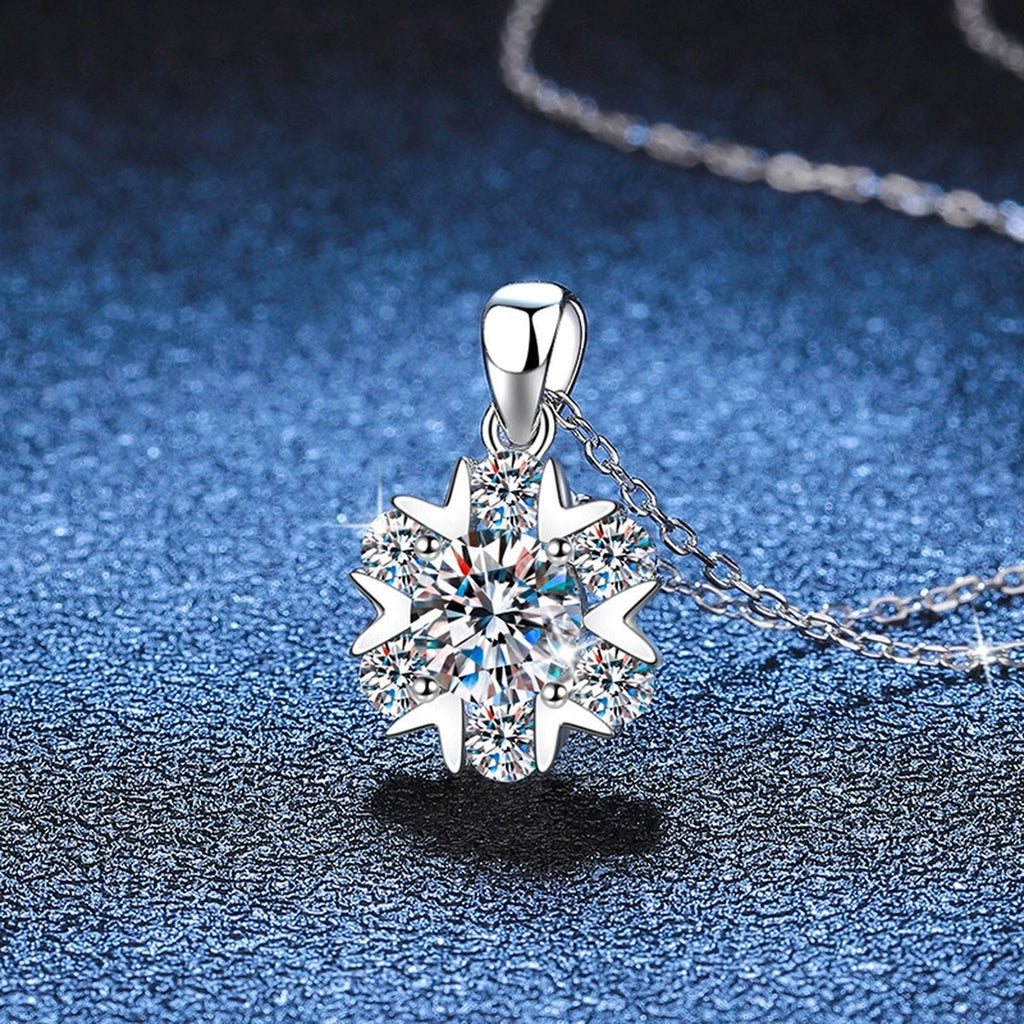 Floral Cluster Moissanite Pendant Necklace in Platinum-Plated S925 Sterling Silver blue background product view