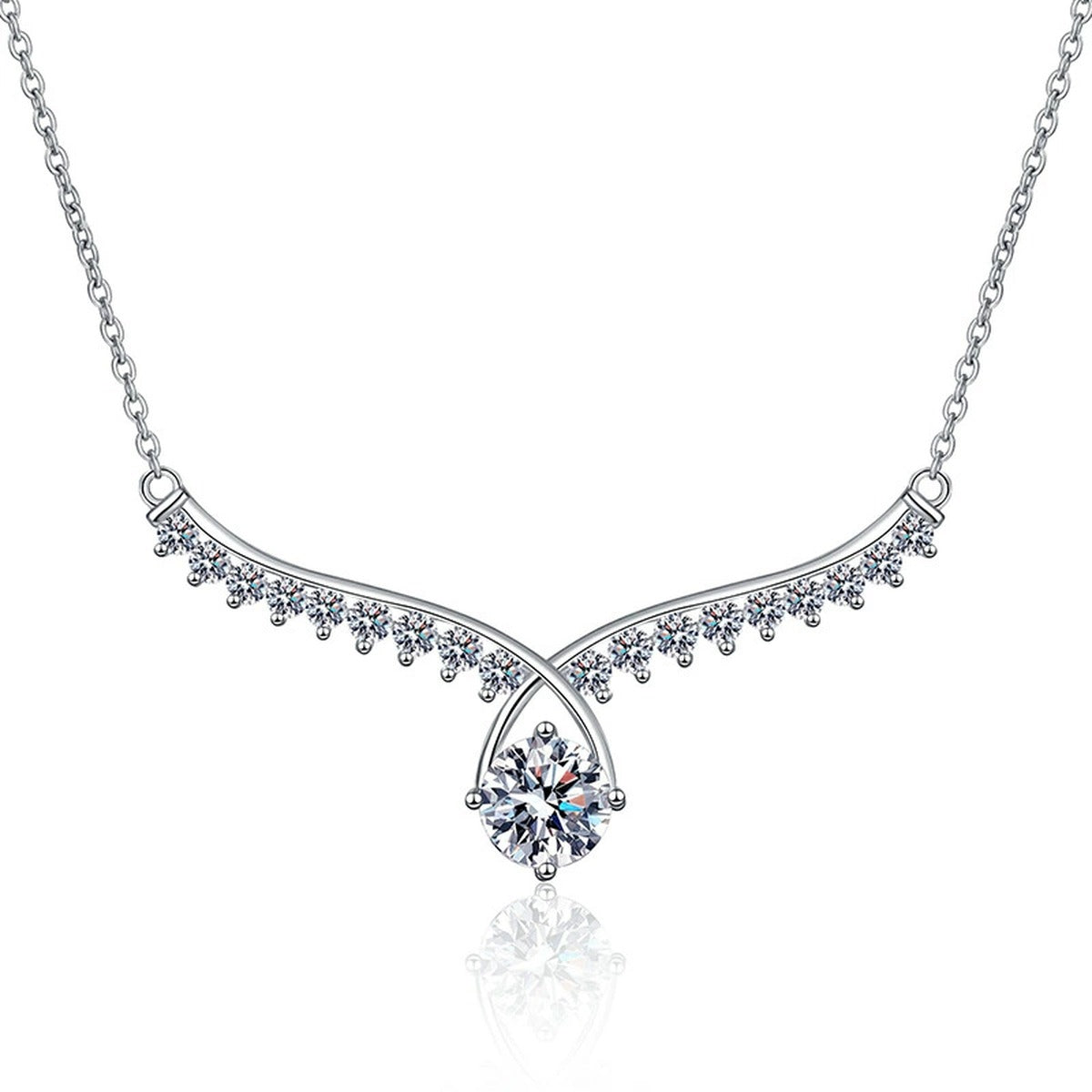 Pear Drop Moissanite Collar Necklace in Platinum-Plated S925 Sterling Silver on clean white background