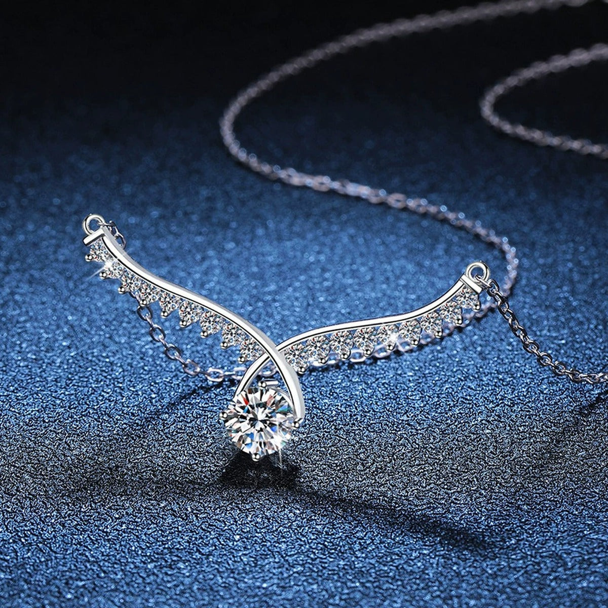 Pear Drop Moissanite Collar Necklace in Platinum-Plated S925 Sterling Silver blue background product view