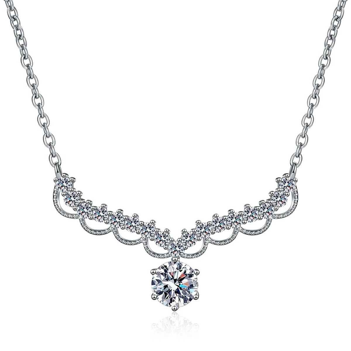 Scalloped Halo Moissanite Collar Necklace in Platinum-Plated S925 Sterling Silver on clean white background