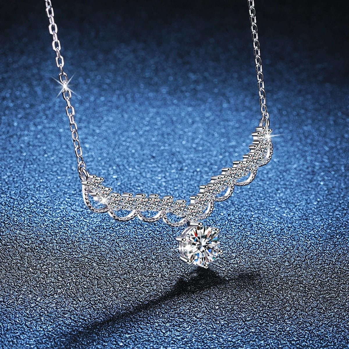 Scalloped Halo Moissanite Collar Necklace in Platinum-Plated S925 Sterling Silver blue background product view