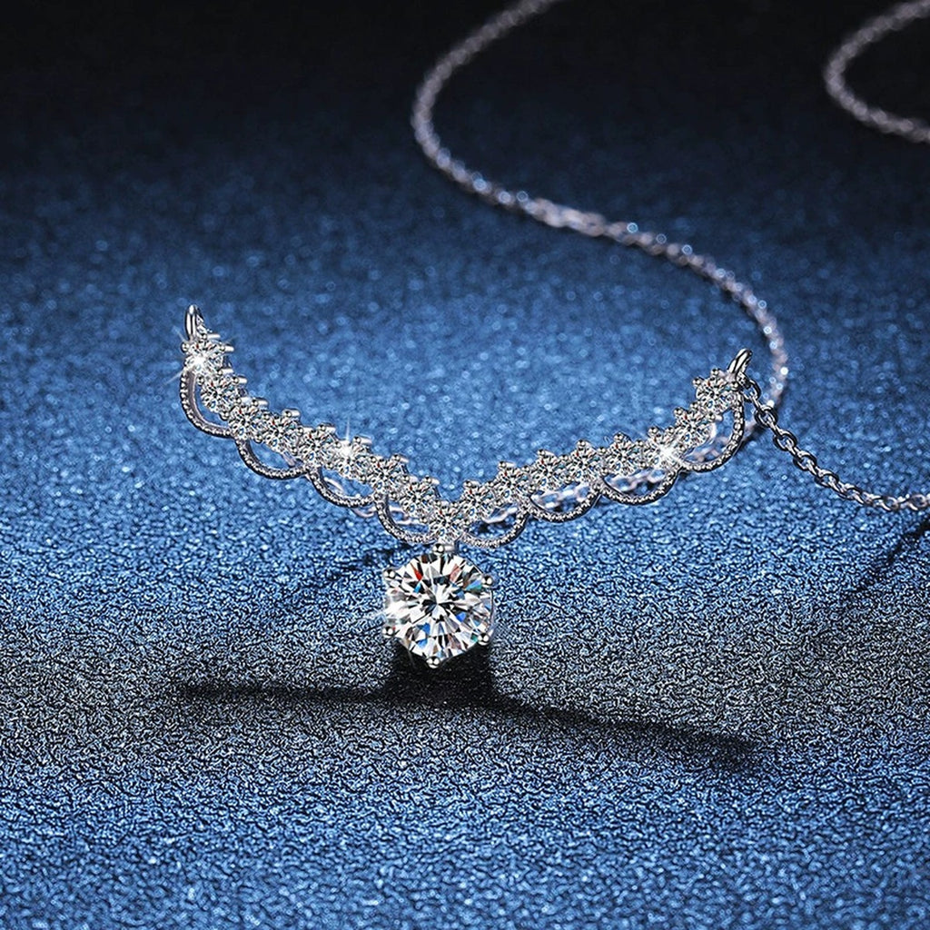 Scalloped Halo Moissanite Collar Necklace in Platinum-Plated S925 Sterling Silver blue background angled view