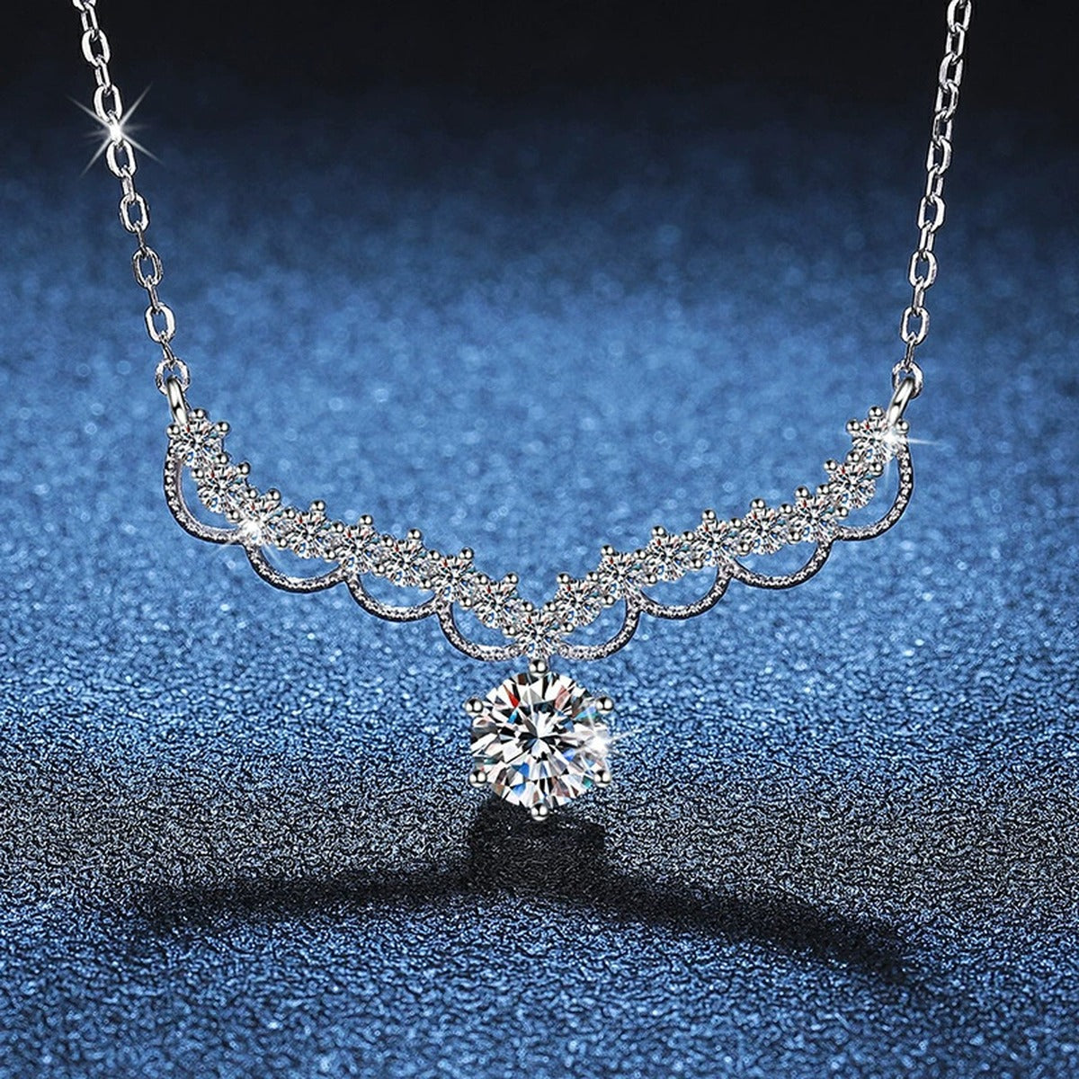 Scalloped Halo Moissanite Collar Necklace in Platinum-Plated S925 Sterling Silver blue background close-up view