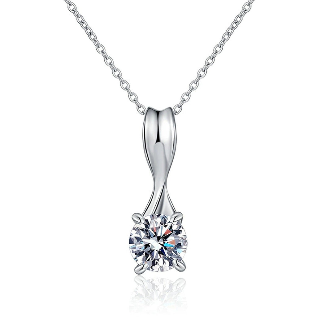 Classic Round Moissanite Solitaire Pendant Necklace in Platinum-Plated S925 Sterling Silver on clean white background