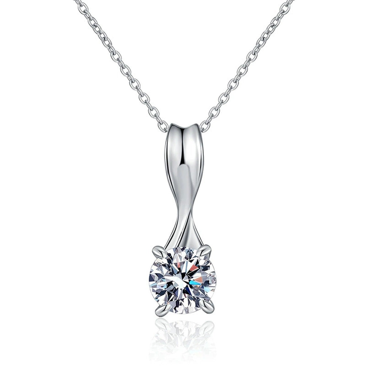 Classic Round Moissanite Solitaire Pendant Necklace in Platinum-Plated S925 Sterling Silver on clean white background