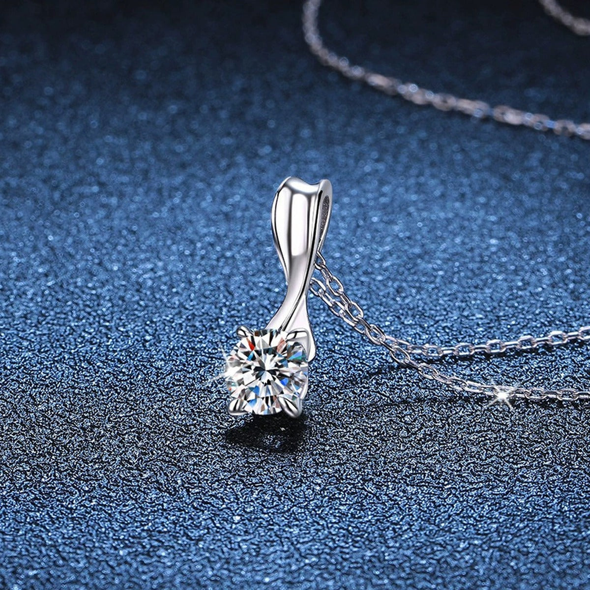 Classic Round Moissanite Solitaire Pendant Necklace in Platinum-Plated S925 Sterling Silver blue background product view