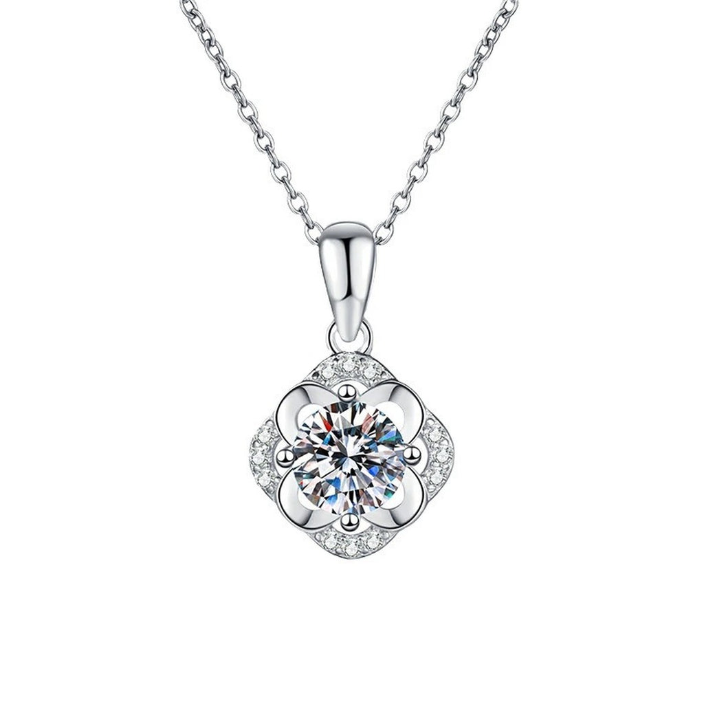 Round Floral Halo Moissanite Pendant Necklace in Platinum-Plated S925 Sterling Silver on clean white background