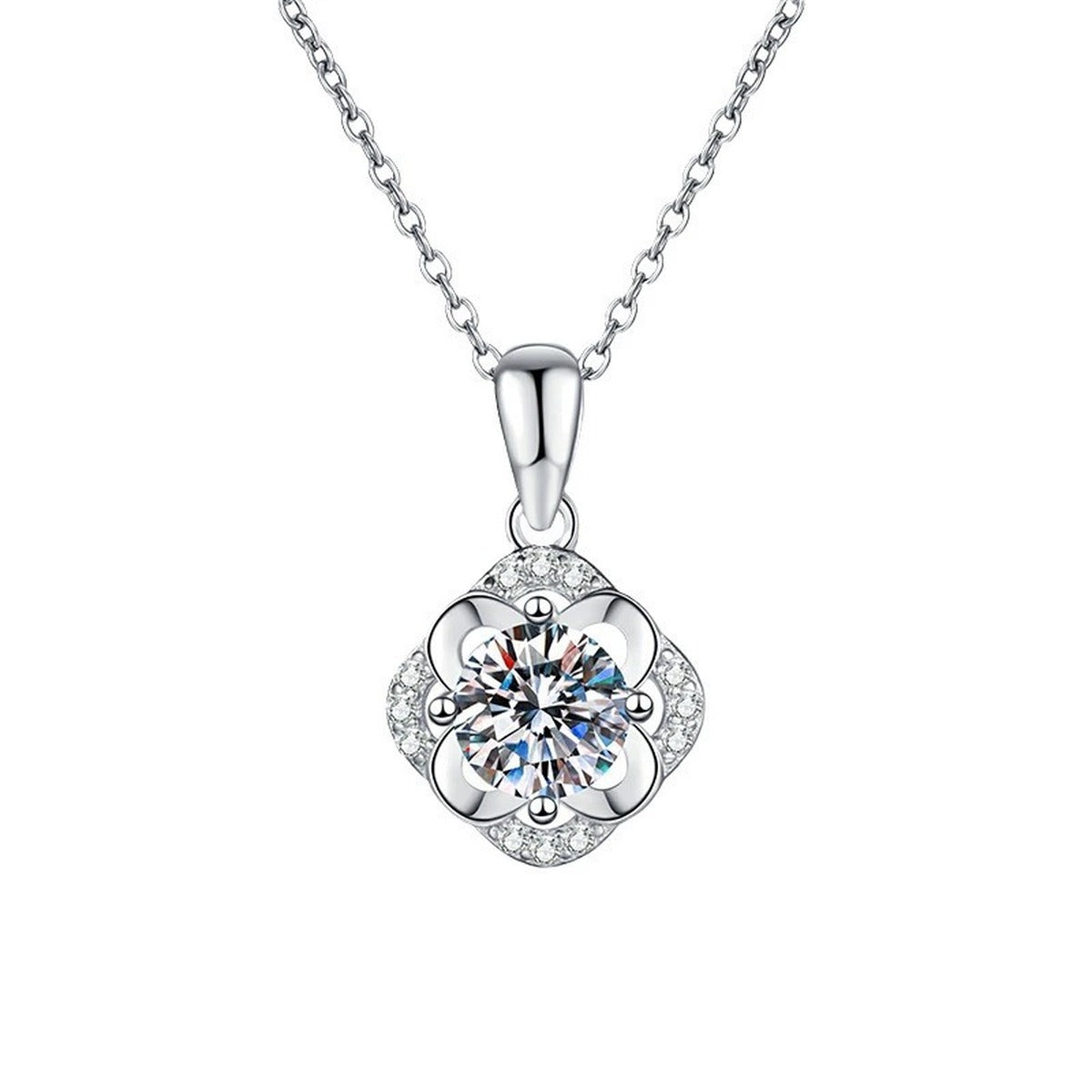 Round Floral Halo Moissanite Pendant Necklace in Platinum-Plated S925 Sterling Silver on clean white background