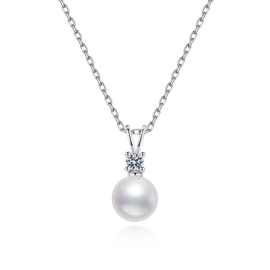 Moissanite Pearl Pendant Necklace in White Gold-Plated S925 Sterling Silver on clean white background showing the pearl pendant with a small round moissanite accent