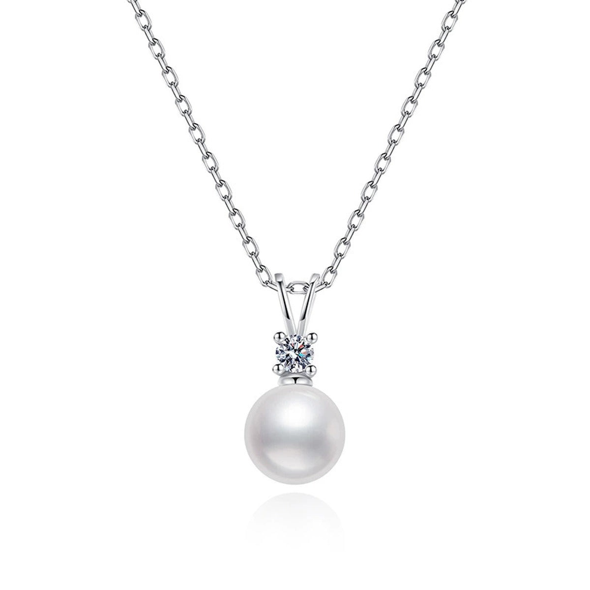 Moissanite Pearl Pendant Necklace in White Gold-Plated S925 Sterling Silver on clean white background showing the pearl pendant with a small round moissanite accent
