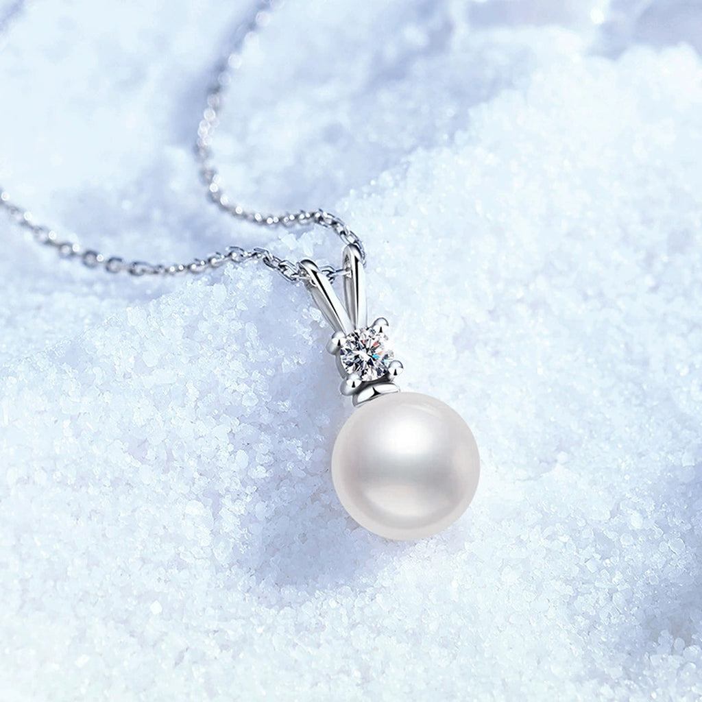Moissanite Pearl Pendant Necklace in White Gold-Plated S925 Sterling Silver blue background product view