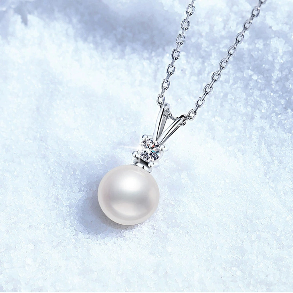 Moissanite Pearl Pendant Necklace in White Gold-Plated S925 Sterling Silver close-up product detail view