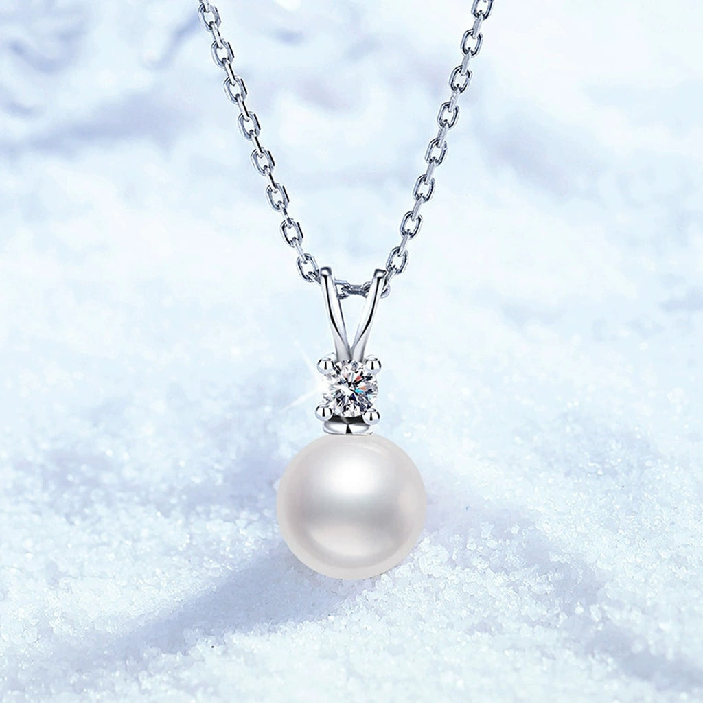 Moissanite Pearl Pendant Necklace in White Gold-Plated S925 Sterling Silver close-up product detail view