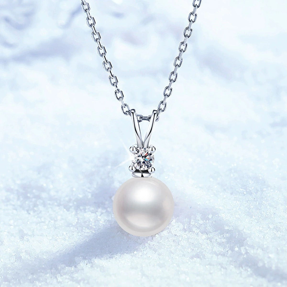 Moissanite Pearl Pendant Necklace in White Gold-Plated S925 Sterling Silver close-up product detail view
