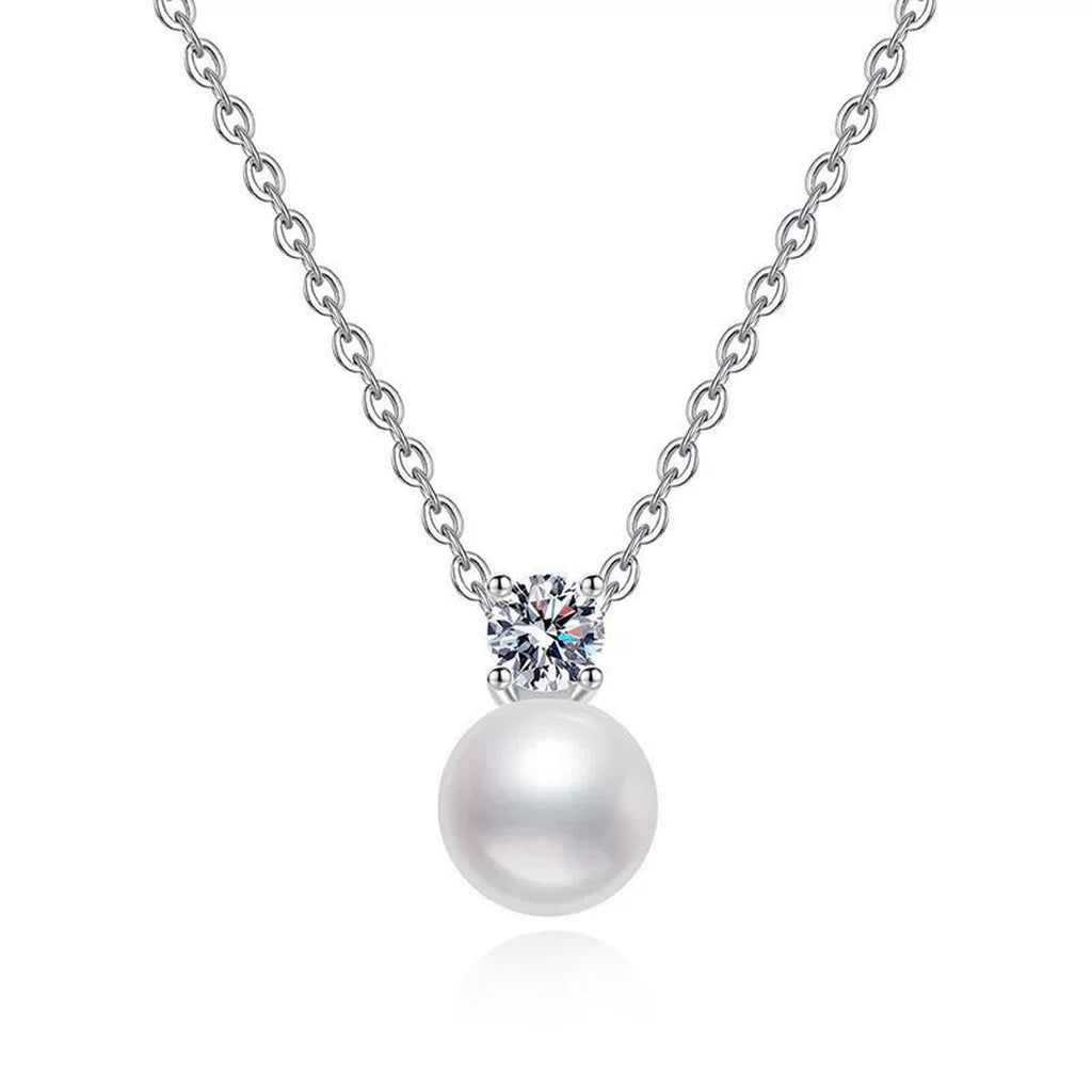 Moissanite Pearl Pendant Necklace in White Gold-Plated S925 Sterling Silver on clean white background showing the pearl drop pendant with a round moissanite accent