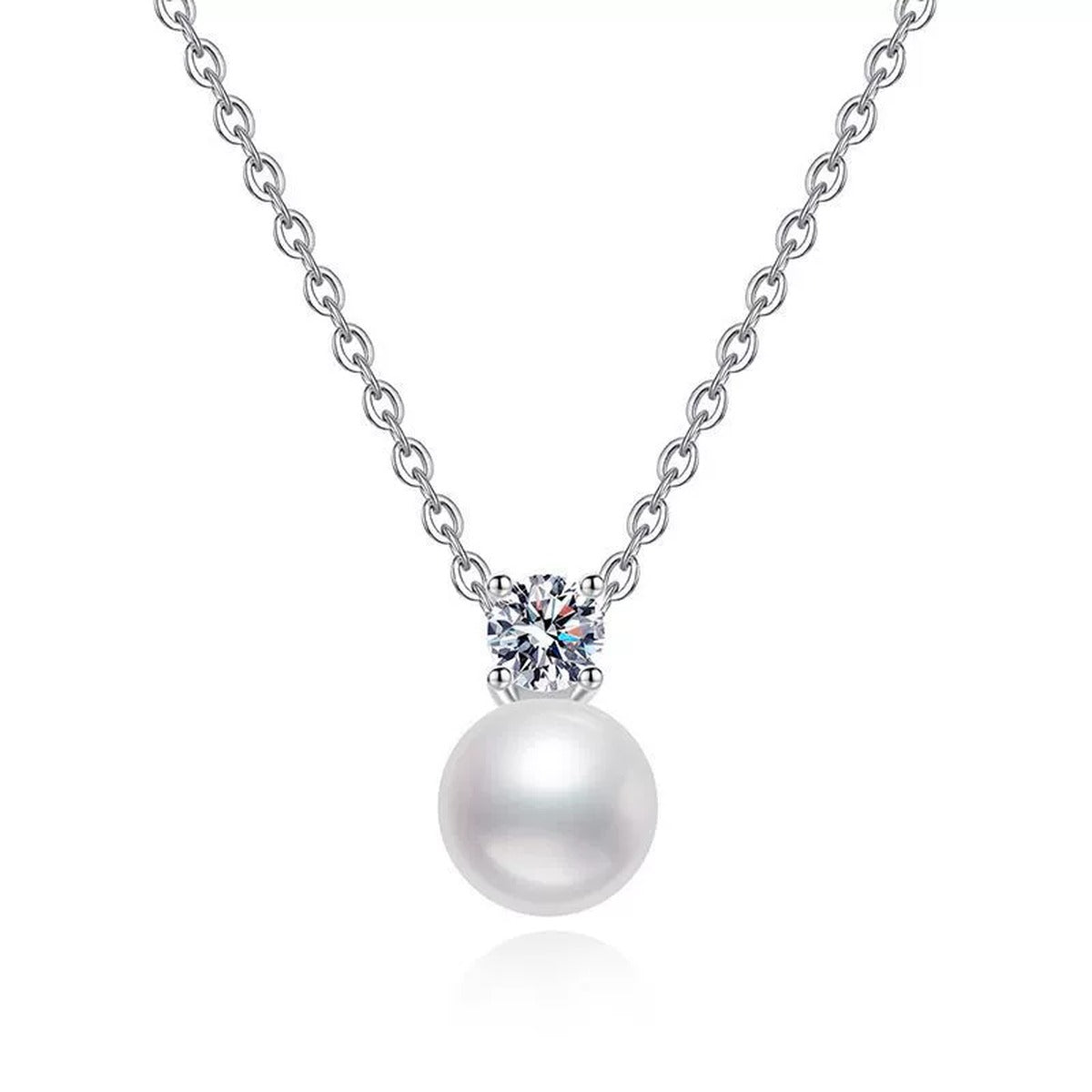 Moissanite Pearl Pendant Necklace in White Gold-Plated S925 Sterling Silver on clean white background showing the pearl drop pendant with a round moissanite accent