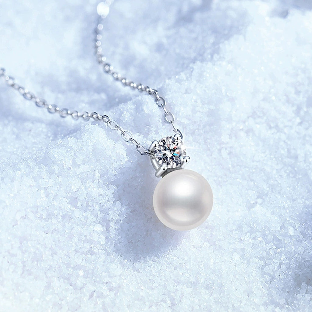 Moissanite Pearl Pendant Necklace in White Gold-Plated S925 Sterling Silver blue background product view
