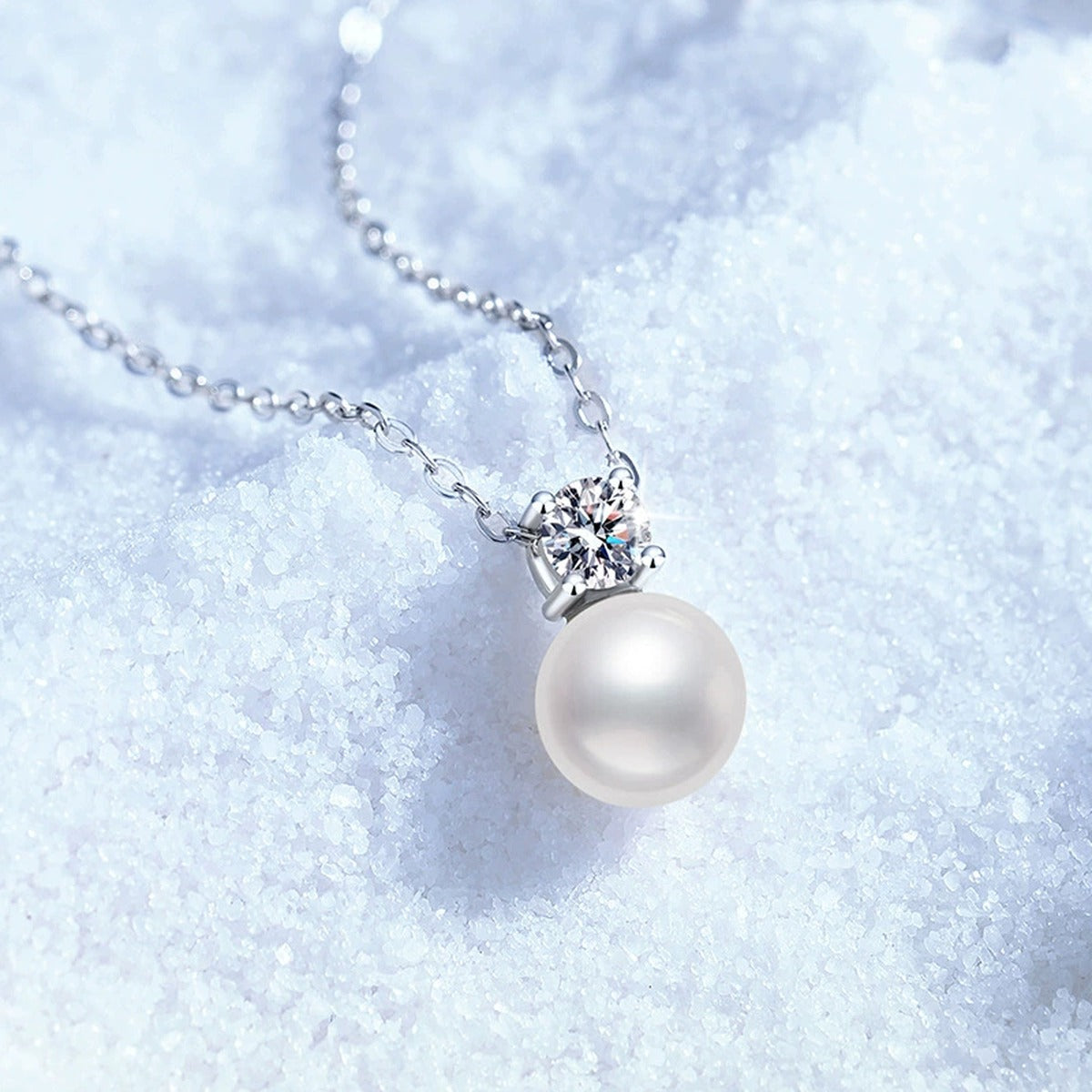 Moissanite Pearl Pendant Necklace in White Gold-Plated S925 Sterling Silver blue background product view