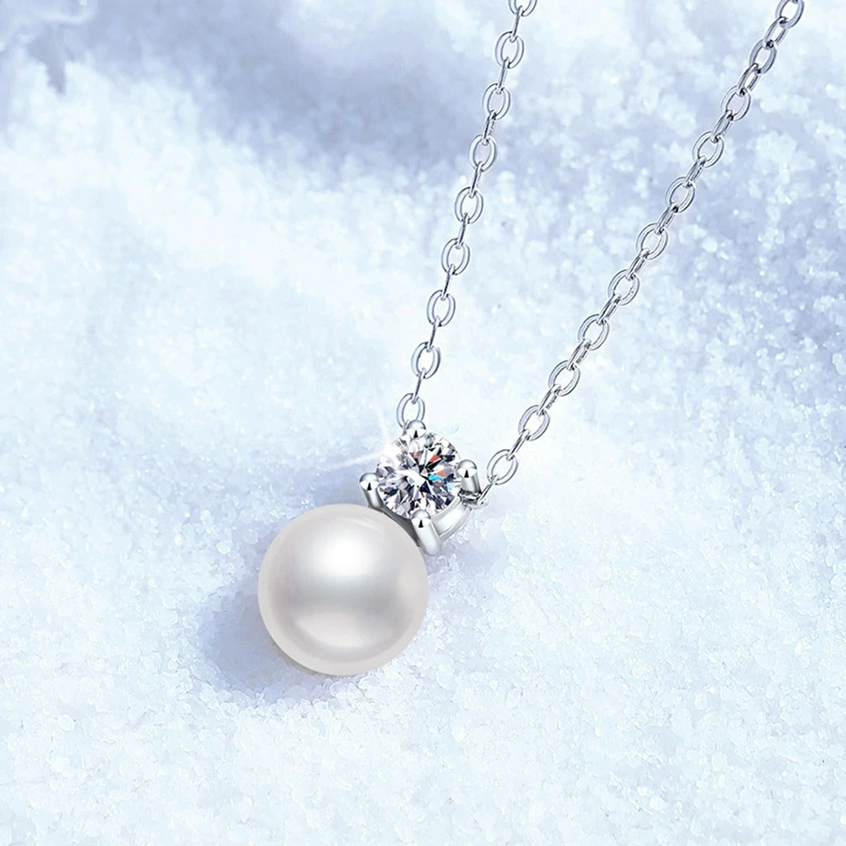Moissanite Pearl Pendant Necklace in White Gold-Plated S925 Sterling Silver close-up product detail view