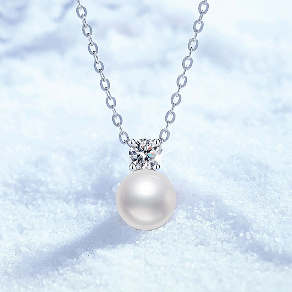 Moissanite Pearl Pendant Necklace in White Gold-Plated S925 Sterling Silver close-up product detail view