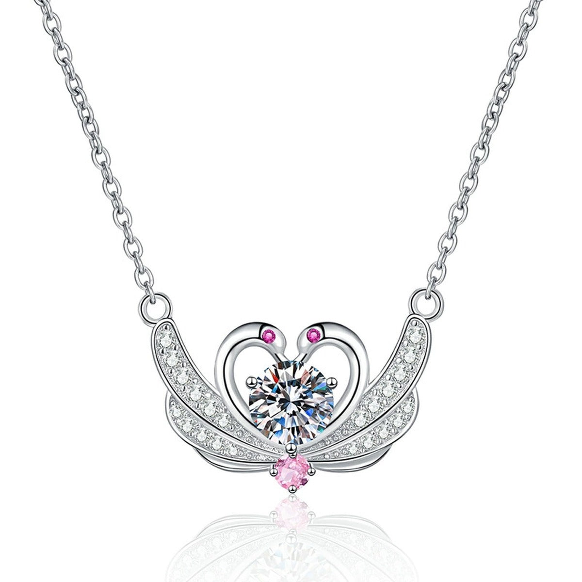 Butterfly Heart Moissanite Pendant Necklace in Platinum-Plated S925 Sterling Silver on clean white background