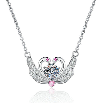Butterfly Heart Moissanite Pendant Necklace in Platinum-Plated S925 Sterling Silver on clean white background