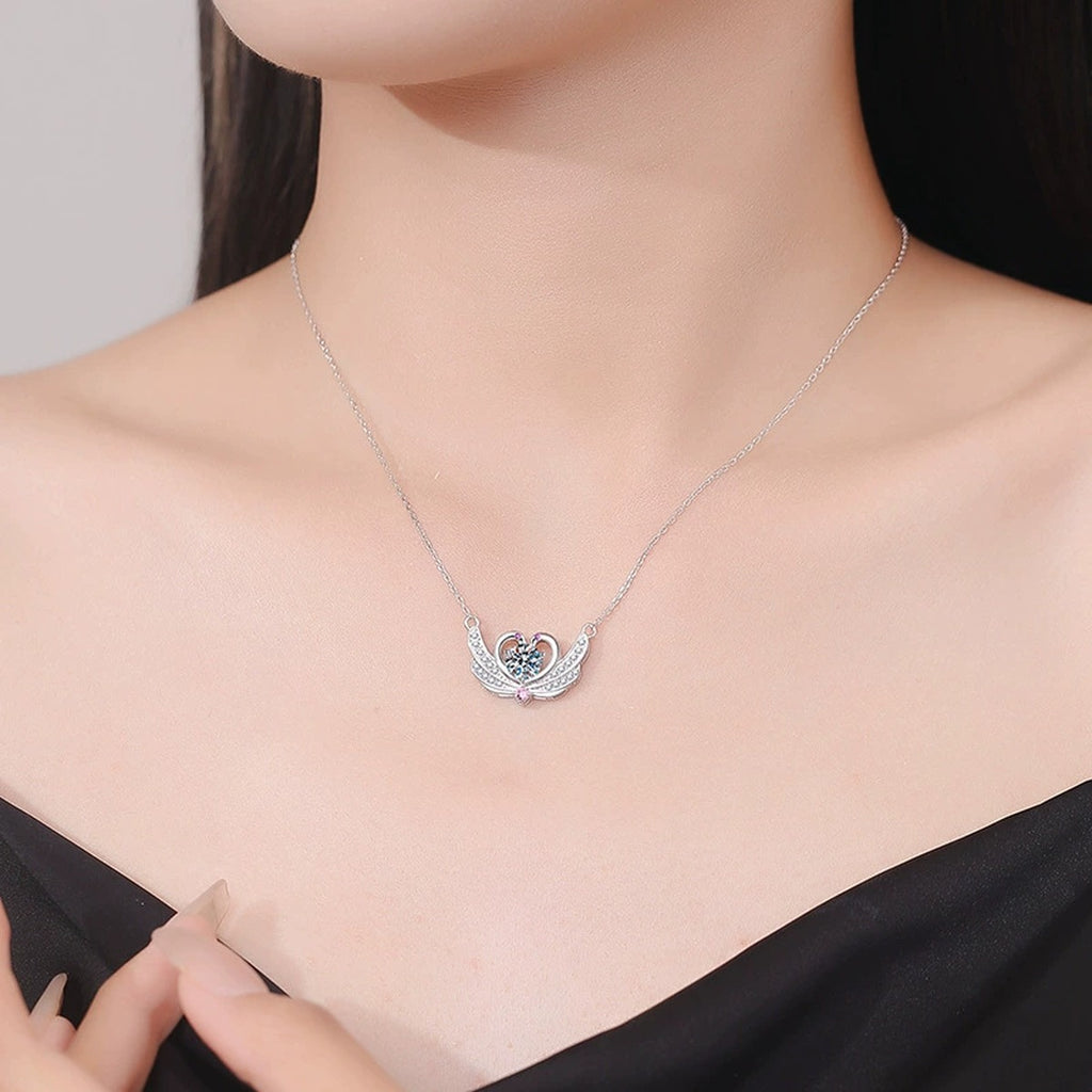 Butterfly Heart Moissanite Pendant Necklace in Platinum-Plated S925 Sterling Silver worn on neckline by model