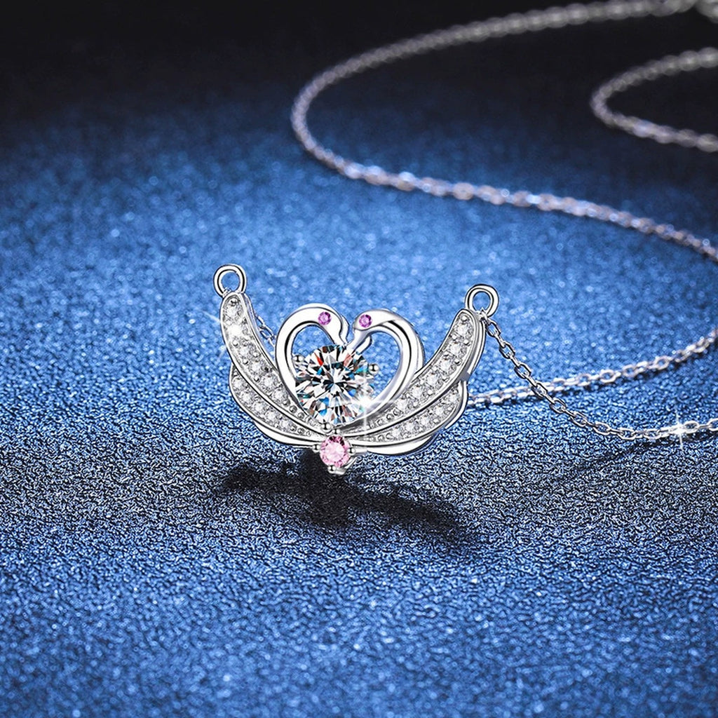 Butterfly Heart Moissanite Pendant Necklace in Platinum-Plated S925 Sterling Silver blue background product view