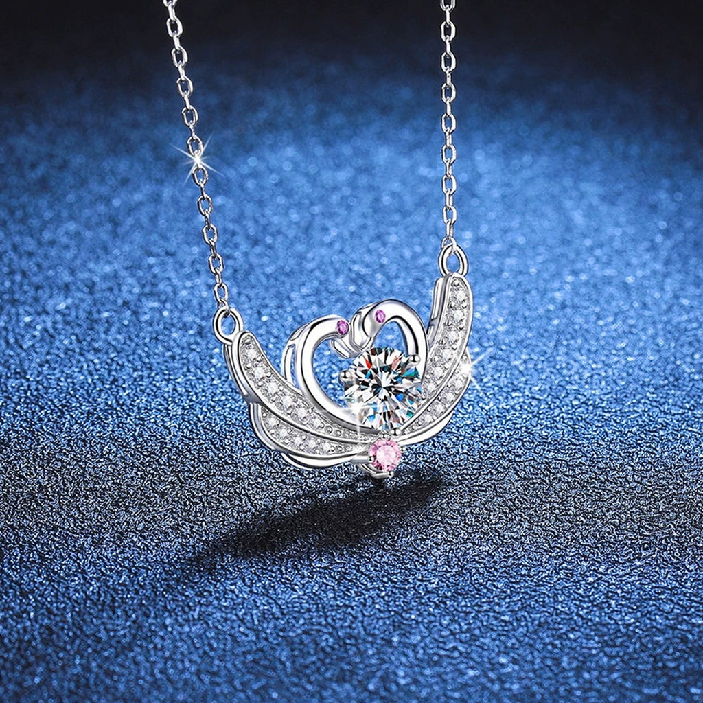 Butterfly Heart Moissanite Pendant Necklace in Platinum-Plated S925 Sterling Silver blue background angled view