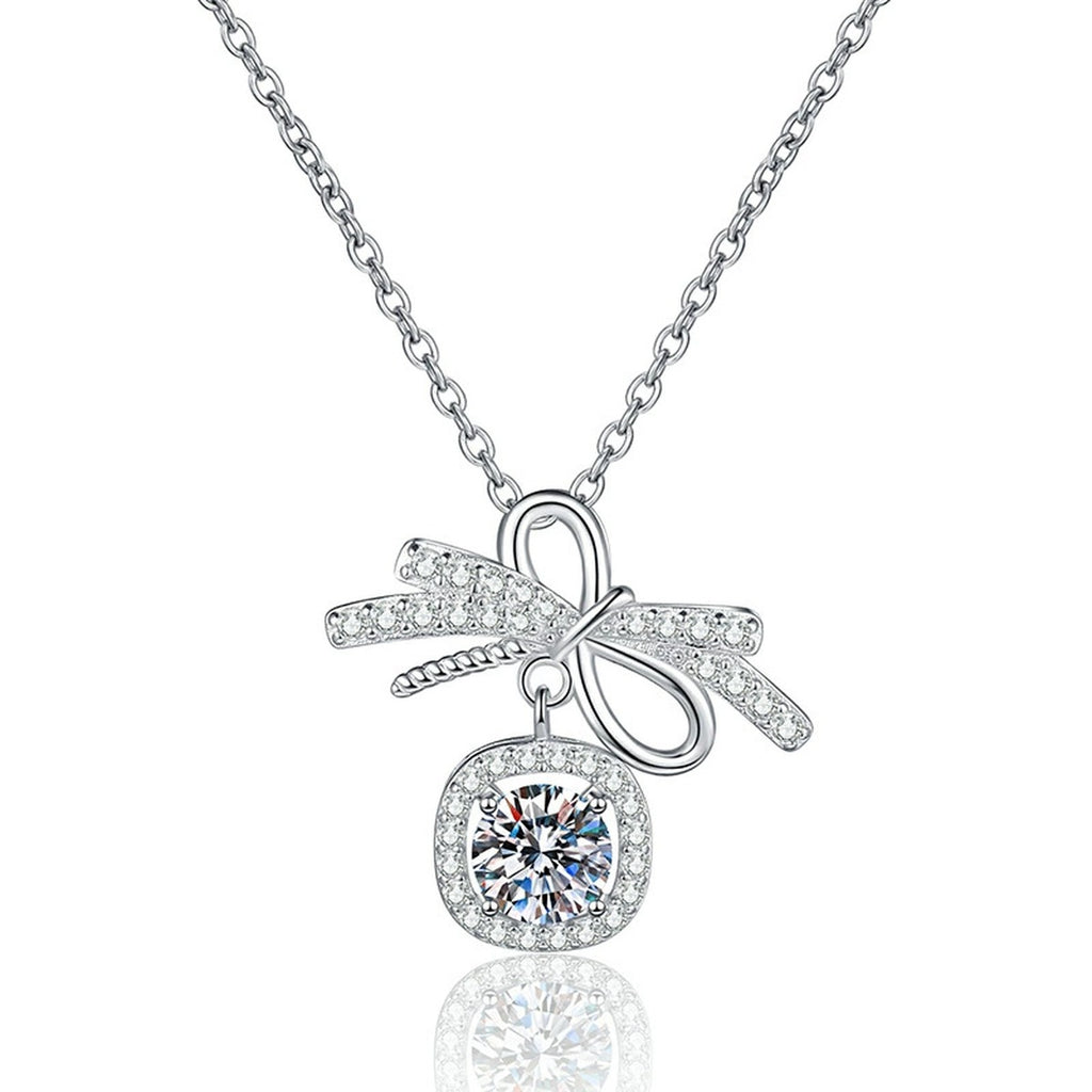 Bow Cushion Halo Moissanite Pendant Necklace in Platinum-Plated S925 Sterling Silver on clean white background