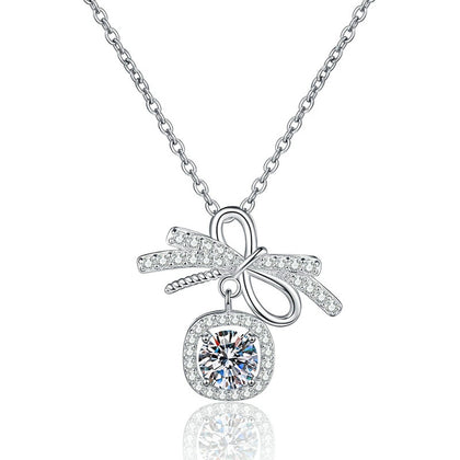 Bow Cushion Halo Moissanite Pendant Necklace in Platinum-Plated S925 Sterling Silver on clean white background