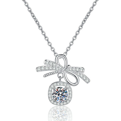 Bow Cushion Halo Moissanite Pendant Necklace in Platinum-Plated S925 Sterling Silver on clean white background