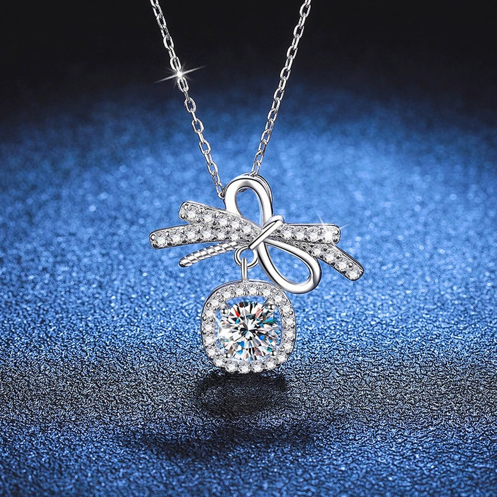 Bow Cushion Halo Moissanite Pendant Necklace in Platinum-Plated S925 Sterling Silver blue background product view