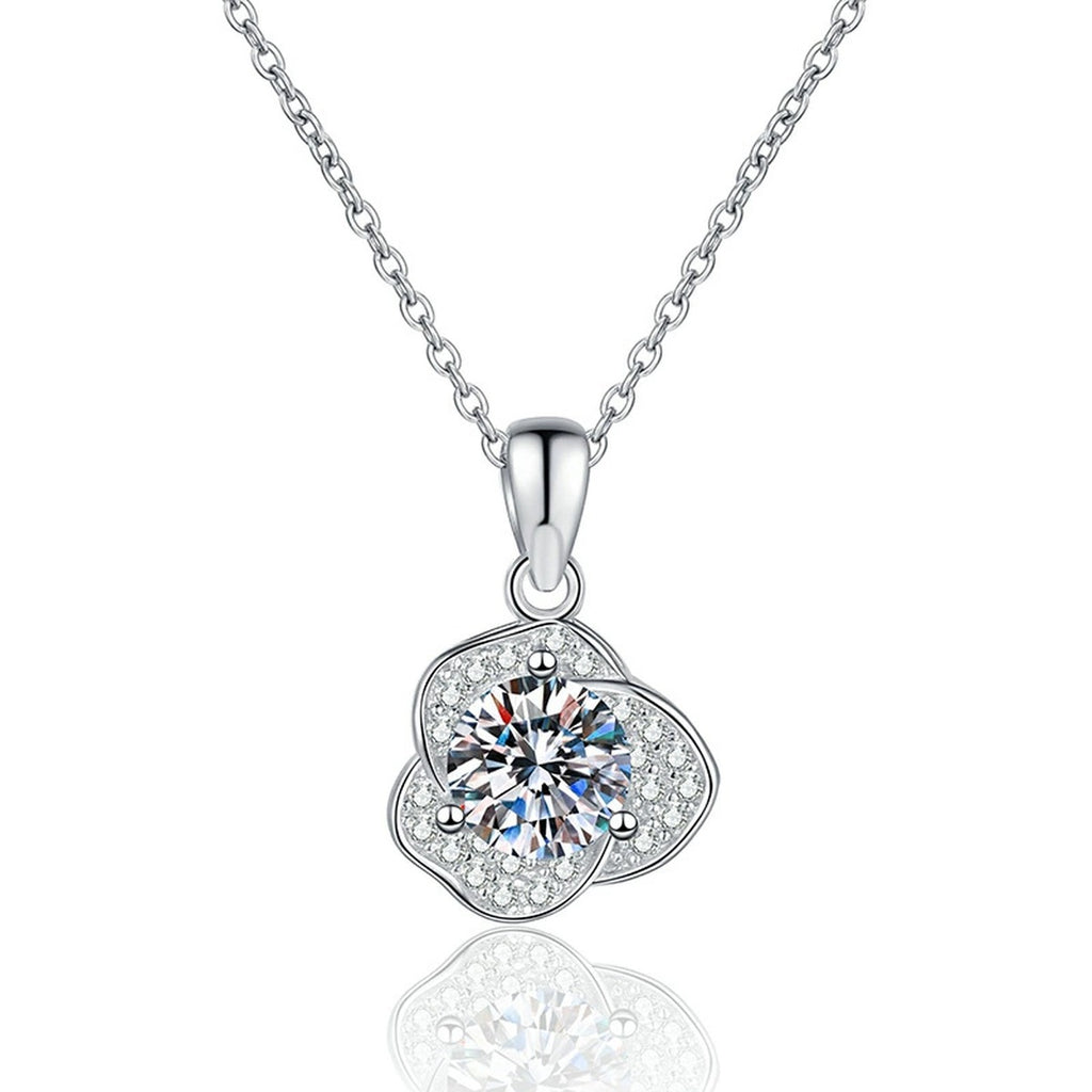 Round Clover Halo Moissanite Pendant Necklace in Platinum-Plated S925 Sterling Silver on clean white background