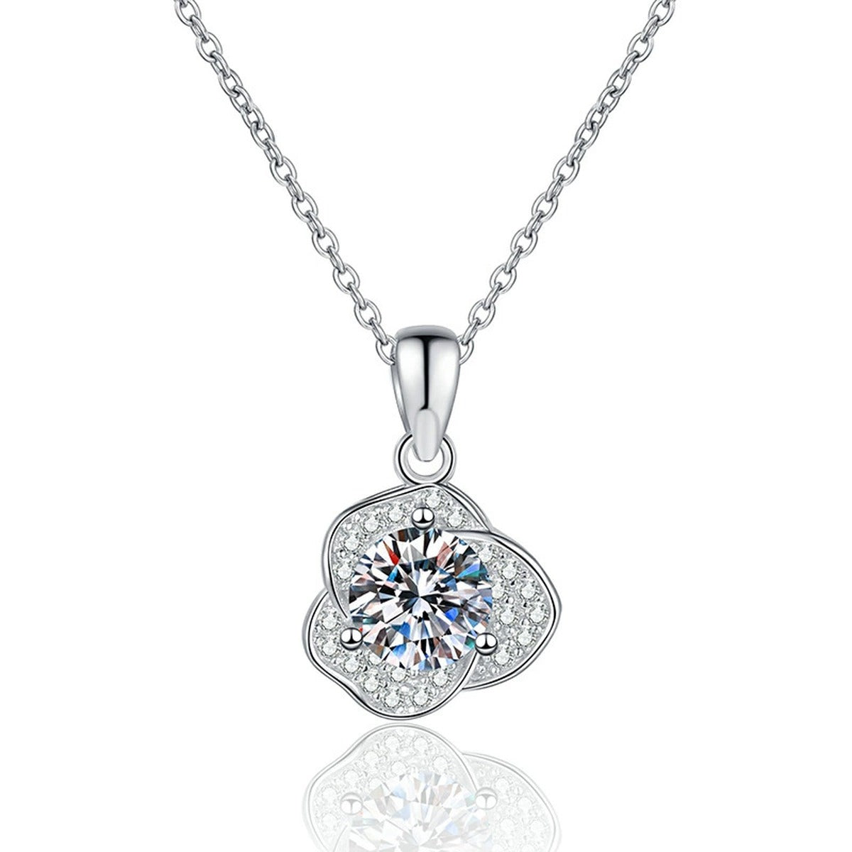 Round Clover Halo Moissanite Pendant Necklace in Platinum-Plated S925 Sterling Silver on clean white background